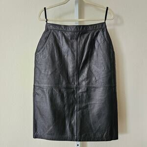 VTG SILVERLEAF Black Leather Pocket Snap Button Zipper Pencil Midi Skirt Sz 12